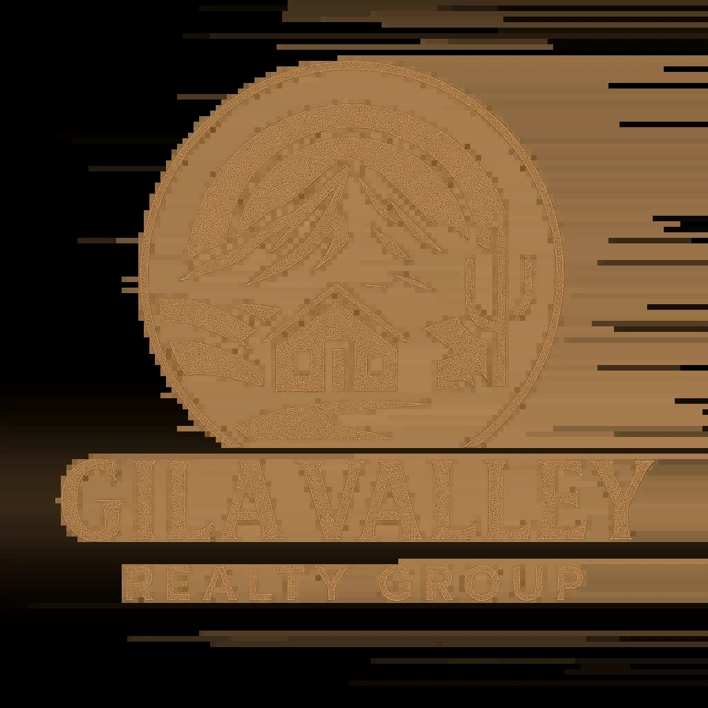 Gila Valley Realty Group logo with desert mountain, house, and cactus in circular bronze emblem design