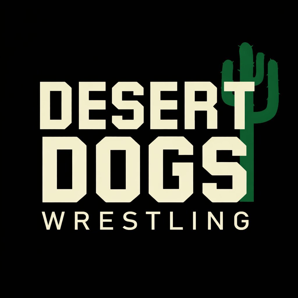 Desert Dogs Wrestling logo with cream text and green cactus graphic on black background