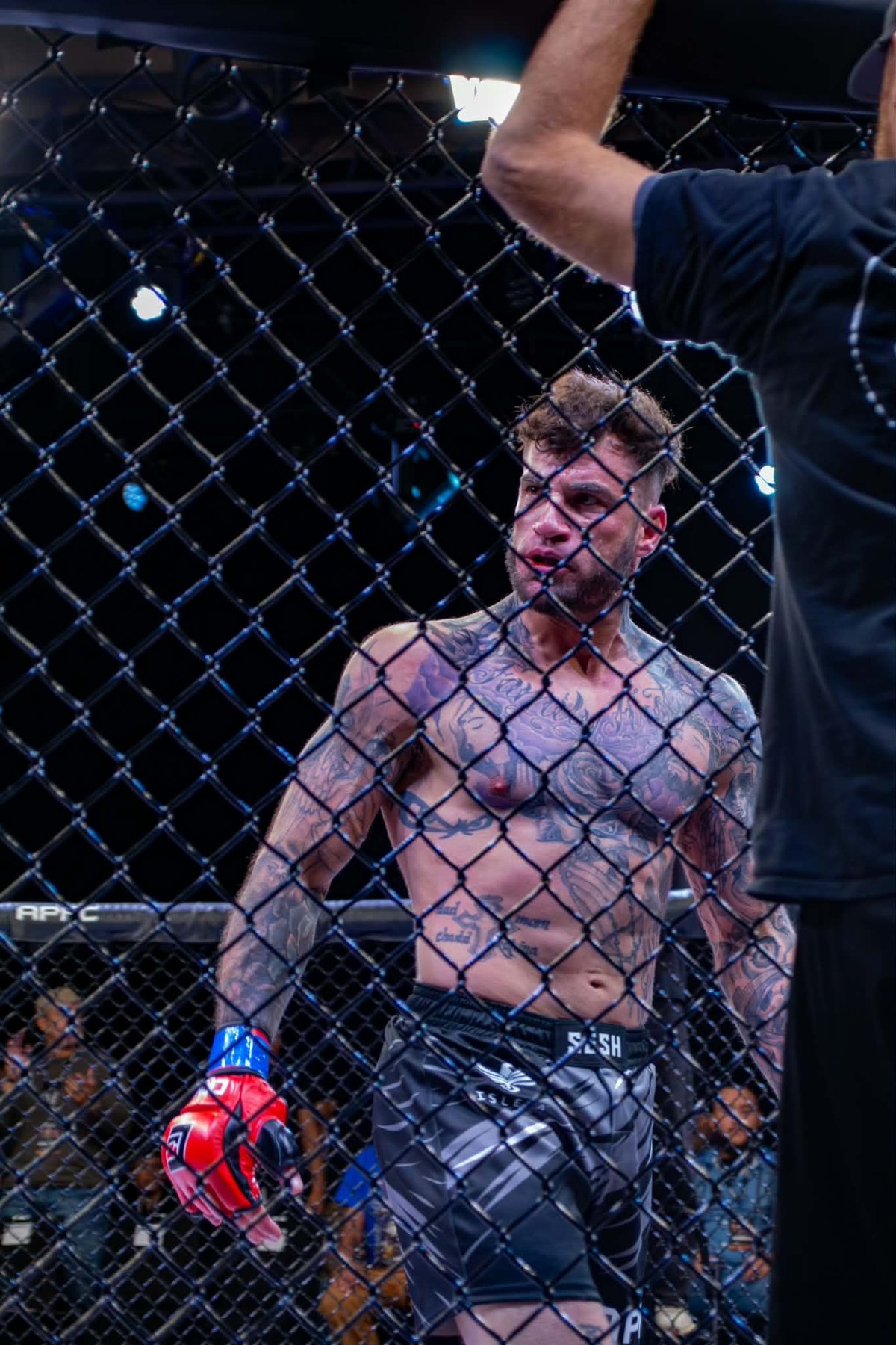 MMA fighter in octagon cage with referees arm visible above, showing combat sports competition moment