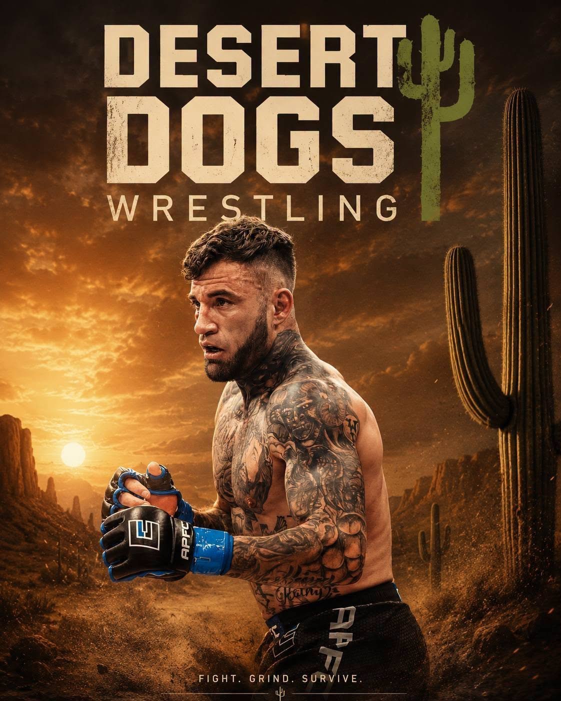 Tattooed fighter in desert landscape with saguaro cacti, wearing boxing gloves for Desert Dogs Wrestling promotional poster