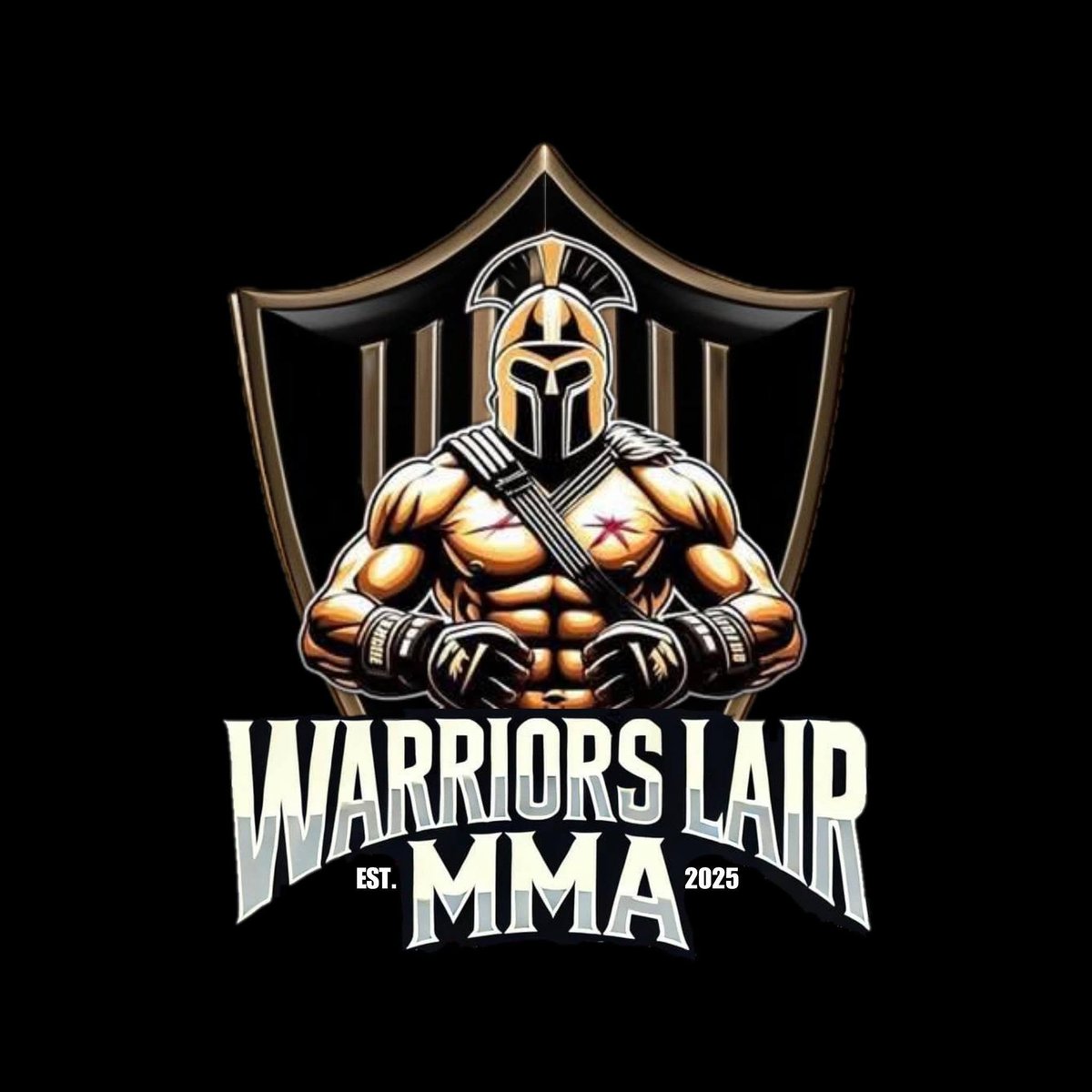 Warriors Lair MMA logo featuring a muscular warrior in golden armor and helmet inside a shield on black background, established 2025