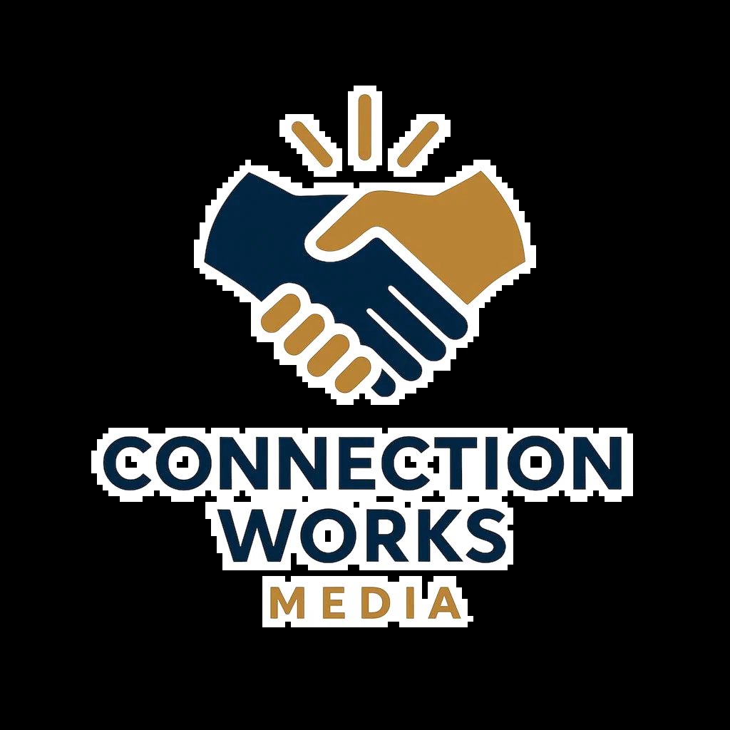 Connection Works Media logo featuring a handshake icon with light rays and text in navy blue and gold colors