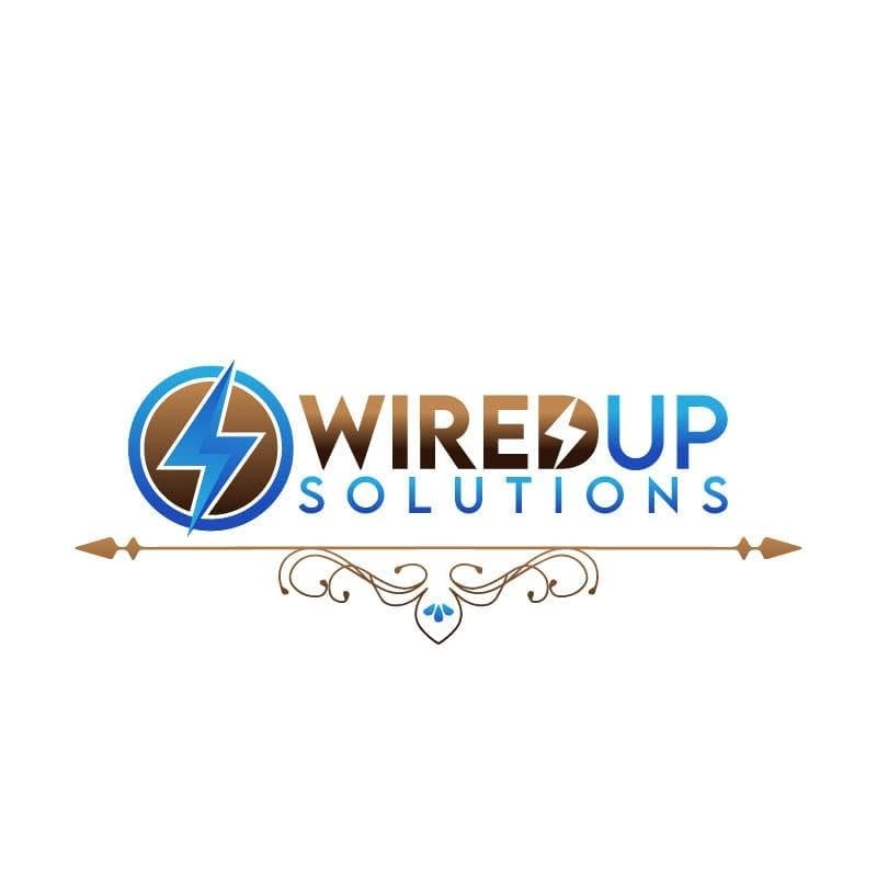 Wired Up Solutions logo with blue lightning bolt in circle, brown and blue text, and decorative flourish design
