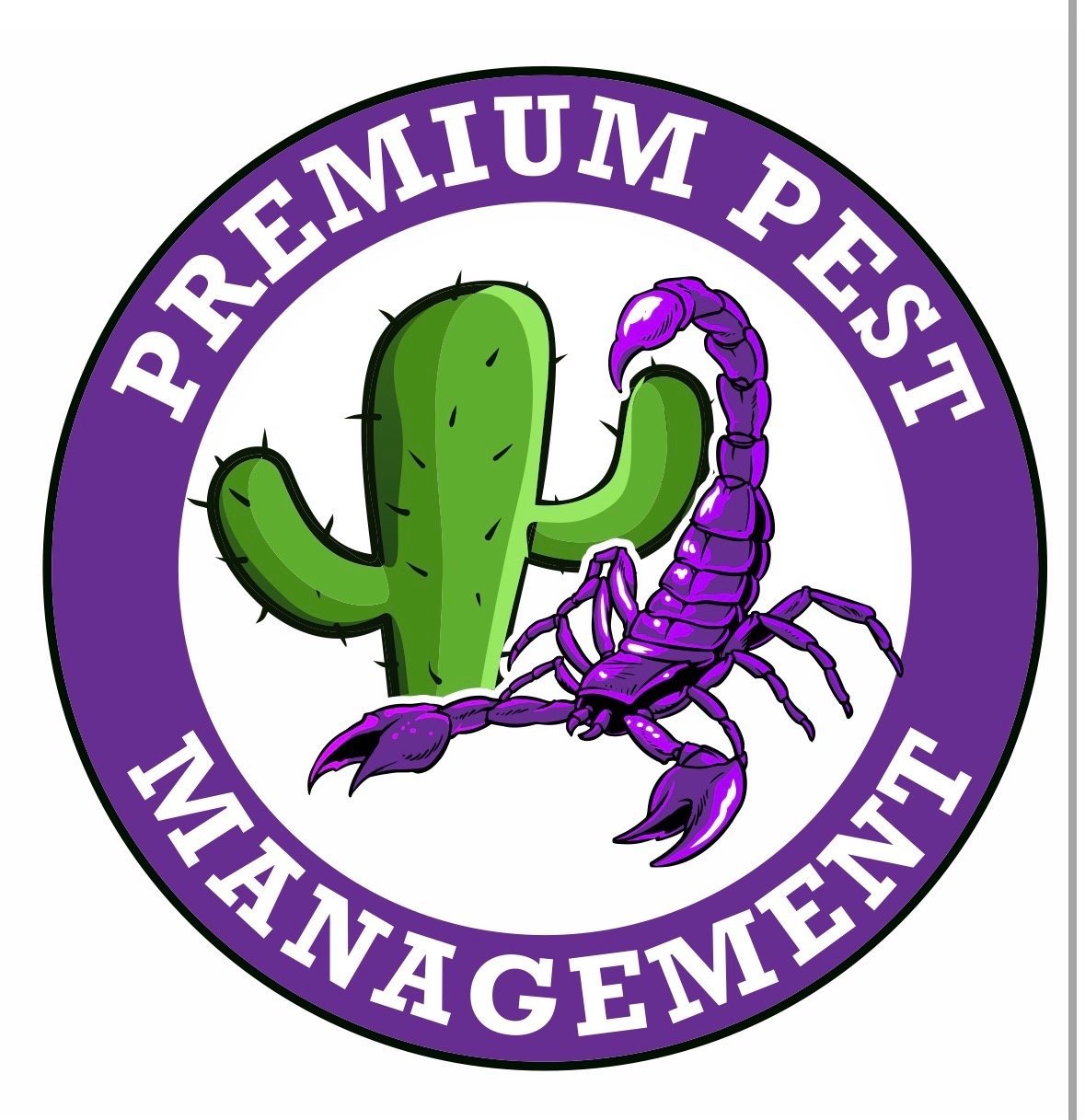 Premium Pest Management logo featuring a green cactus and purple scorpion on a circular purple badge