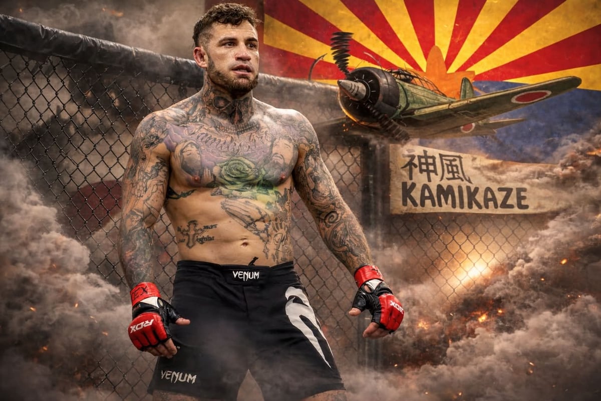 Tattooed fighter in red gloves posing in combat stance inside a cage with the Arizona flag, a Japanese Kamikaze aircraft and KAMIKAZE sign in the background